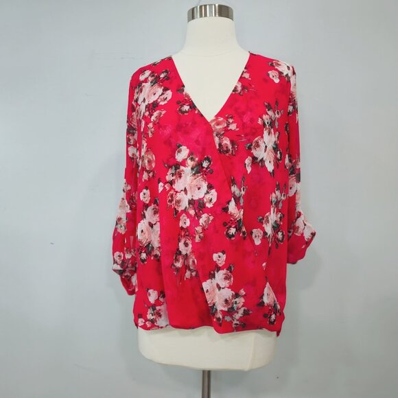 Kut From The Kloth Roll Tab Floral Red V-Neck Pink Blouse Shirt Sheer Top Small - Picture 1 of 11